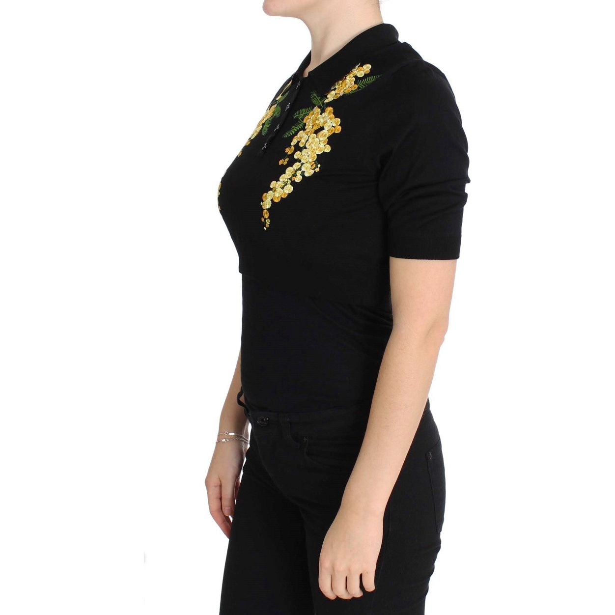 Elegant Black Silk Floral Polo Top