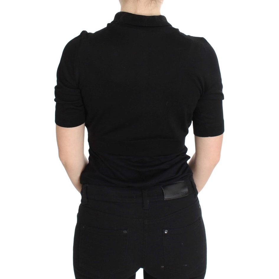 Elegant Black Silk Floral Polo Top