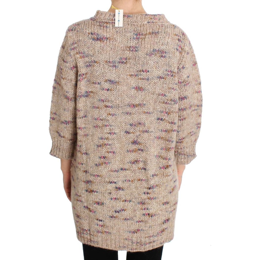 Beige Oversized V-Neck Knitted Sweater