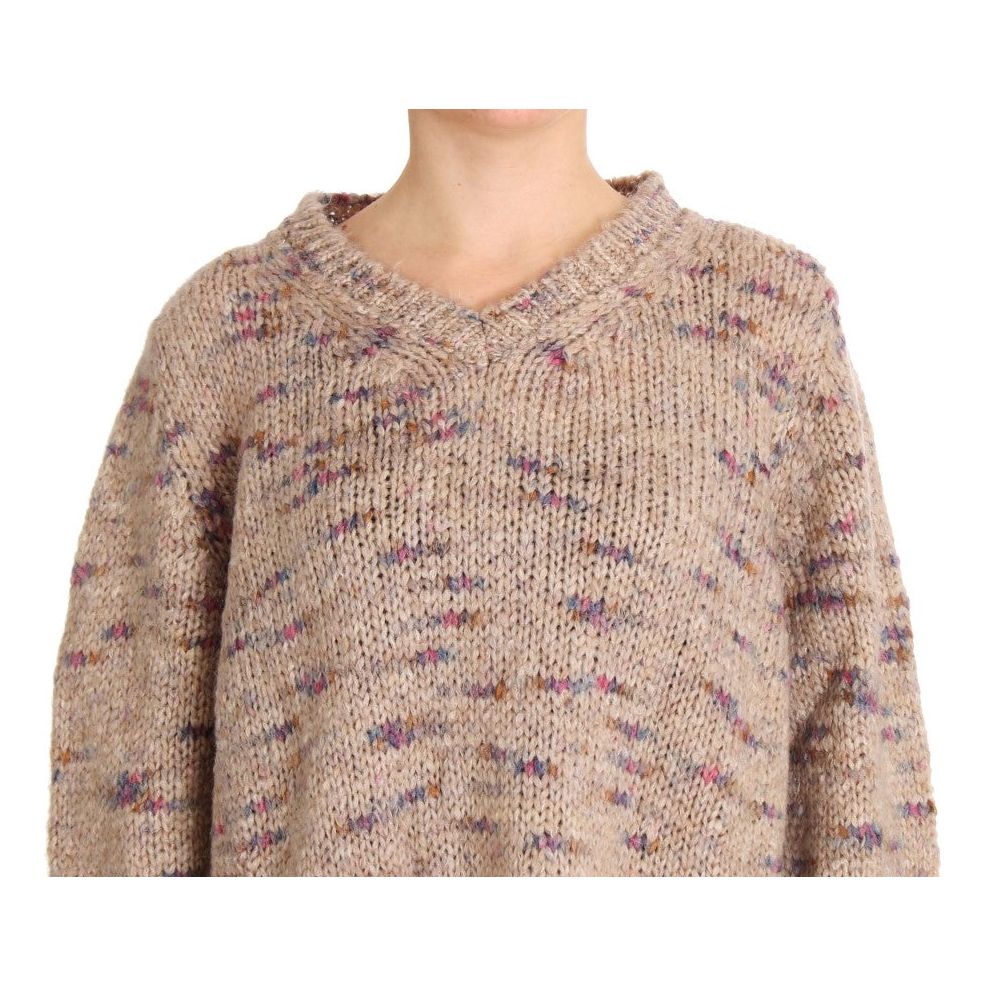 Beige Oversized V-Neck Knitted Sweater