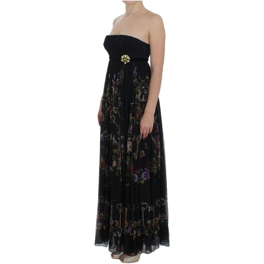 Dolce & Gabbana Multicolor Rose & Key Print Maxi Dress with Crystal WOMAN DRESSES black-key-print-silk-crystal-brooch-dress