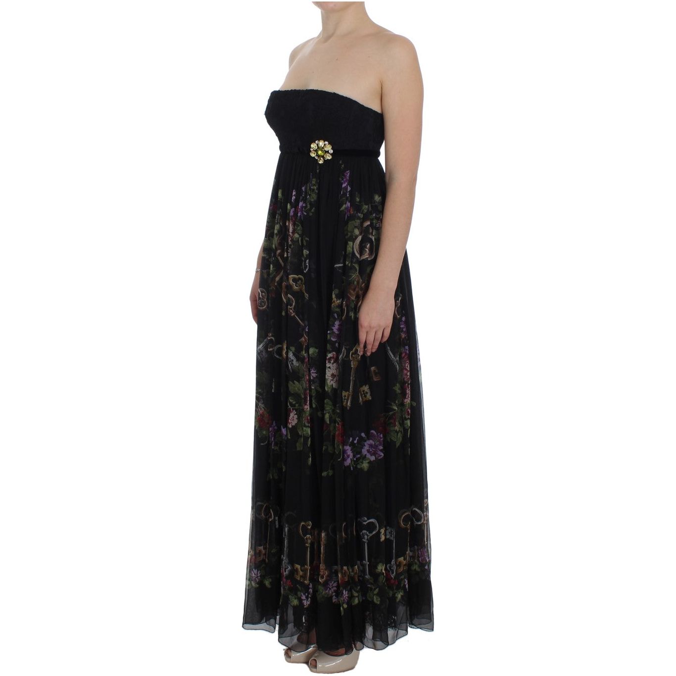 Multicolor Rose & Key Print Maxi Dress with Crystal