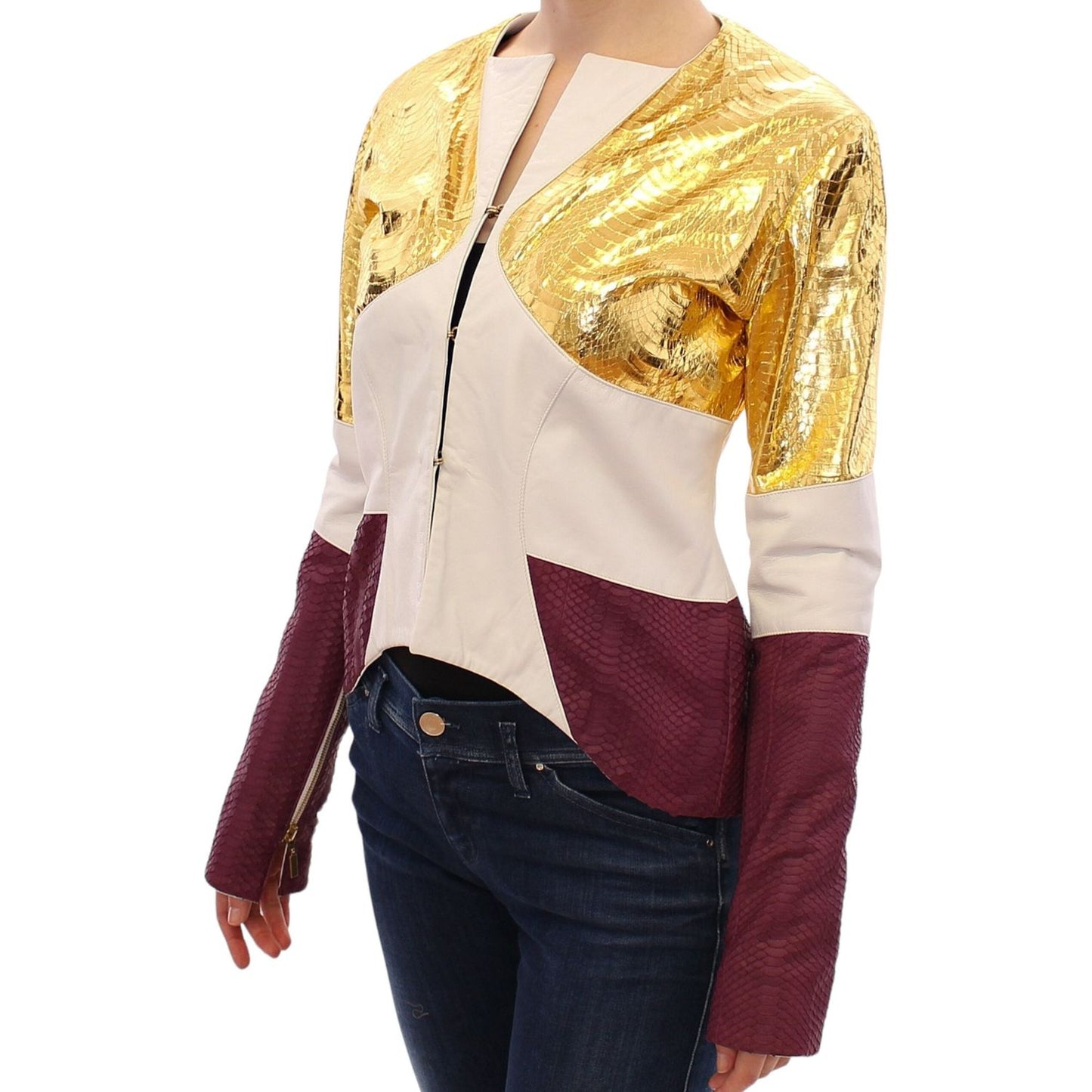 Vladimiro Gioia Elegant Metallic Croc Print Leather Jacket Coats & Jackets white-gold-purple-leather-jacket