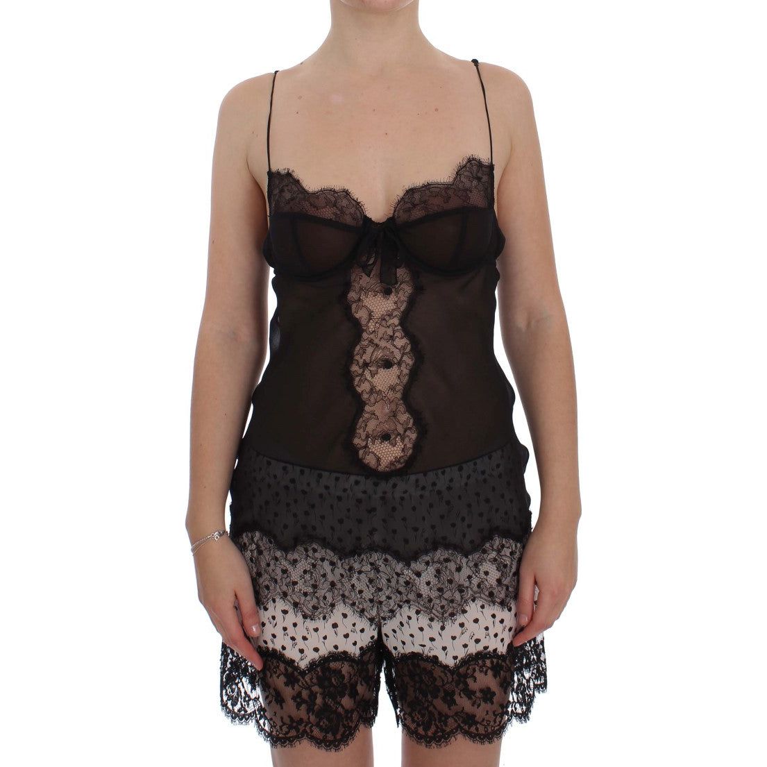 Elegant Black Silk Lace Lingerie Chemise