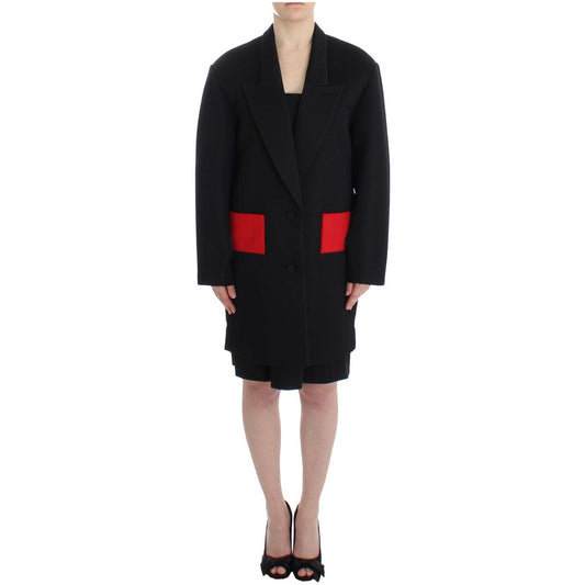 Elegant Draped Long Coat in Black with Red Accents