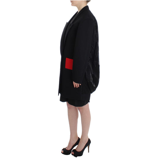 Elegant Draped Long Coat in Black with Red Accents