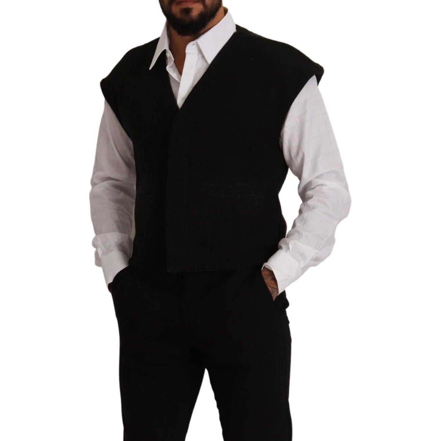 Elegant Black Wool Cotton Dress Vest