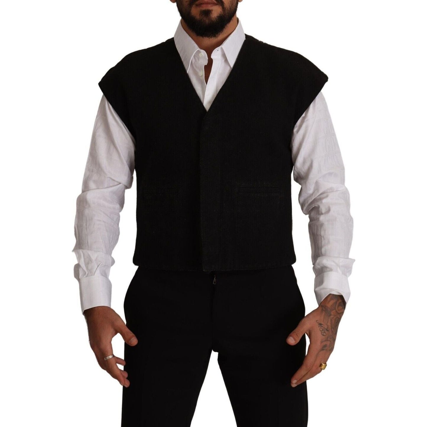 Elegant Black Wool Cotton Dress Vest