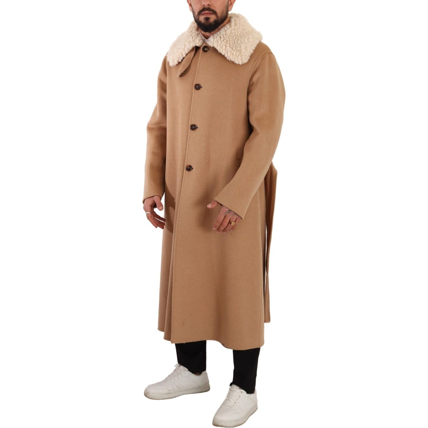 Opulent Beige Shearling-Collar Overcoat