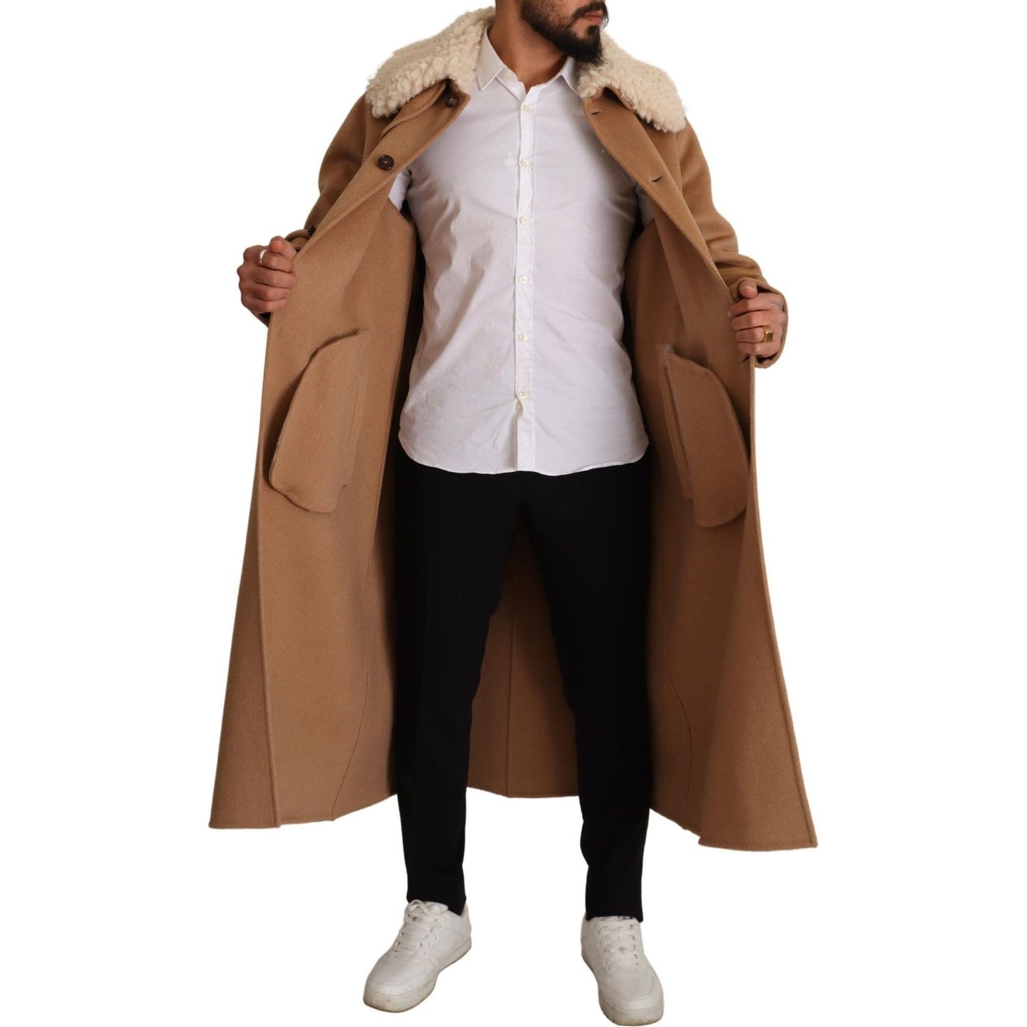 Opulent Beige Shearling-Collar Overcoat