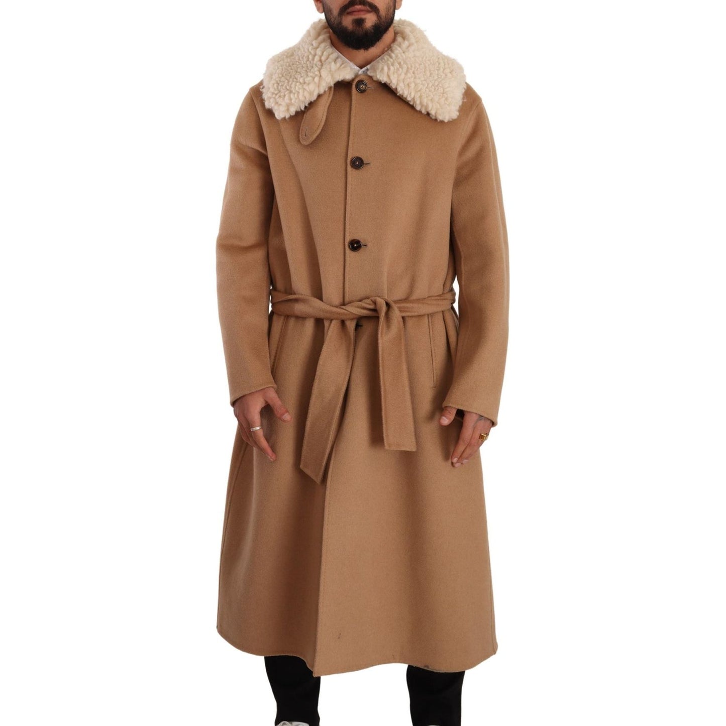 Opulent Beige Shearling-Collar Overcoat