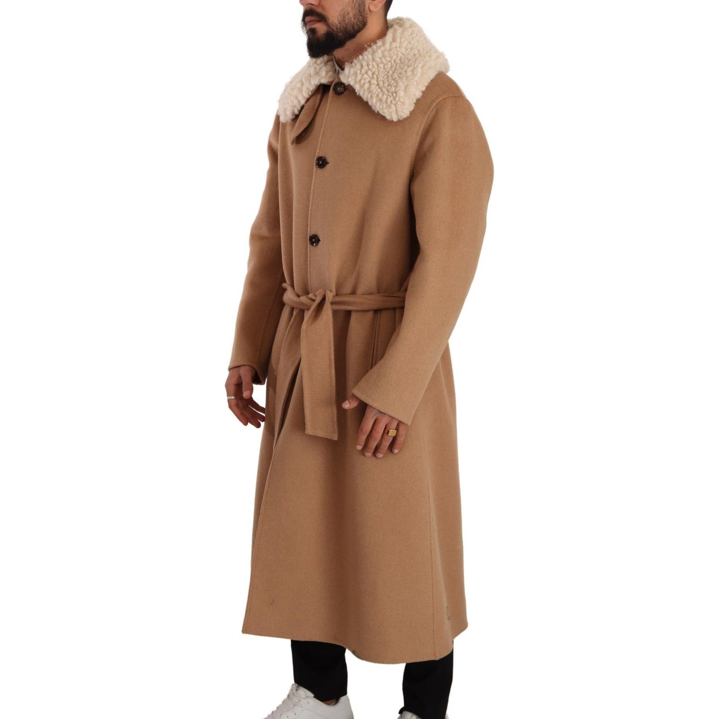 Opulent Beige Shearling-Collar Overcoat