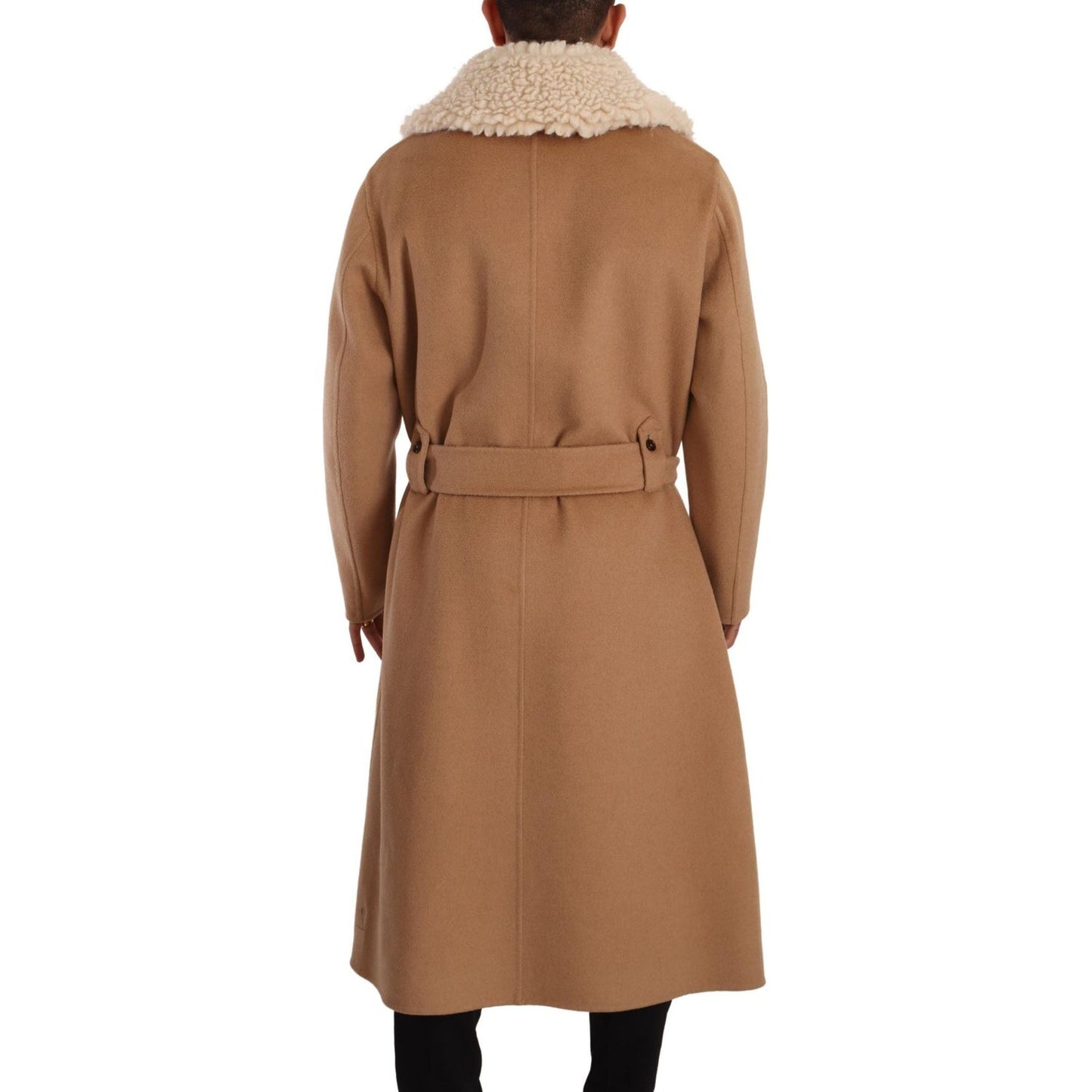 Opulent Beige Shearling-Collar Overcoat