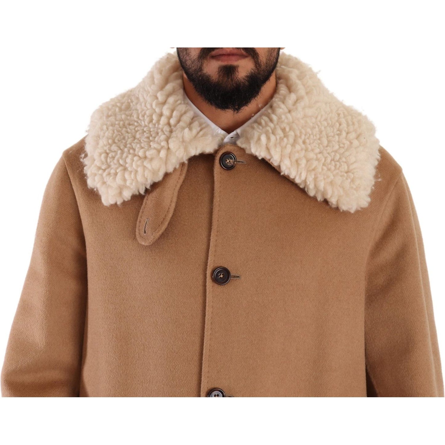 Opulent Beige Shearling-Collar Overcoat