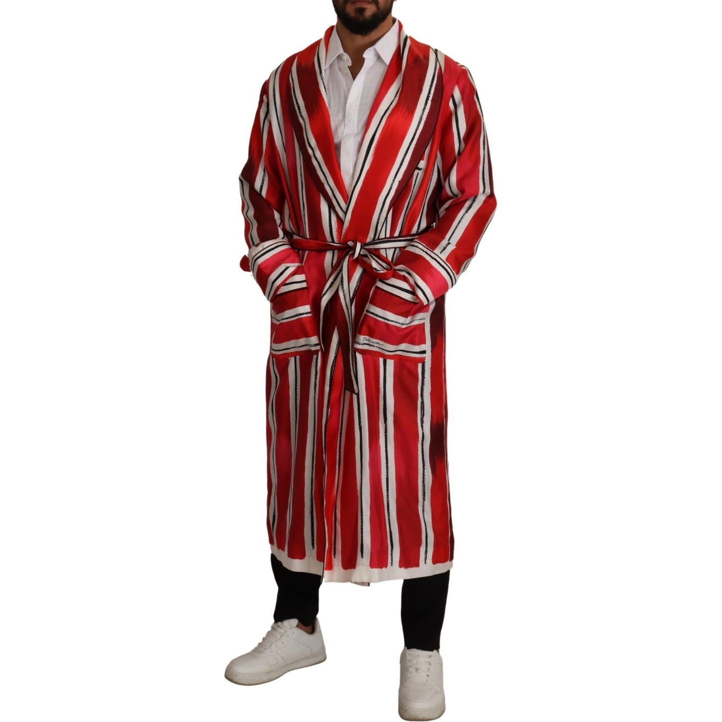 Dolce & Gabbana Red White Striped Silk Mens Night Gown Robe