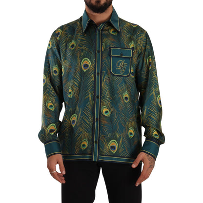 Dolce & Gabbana Peacock Feather Print Silk Pajama Mens Shirt