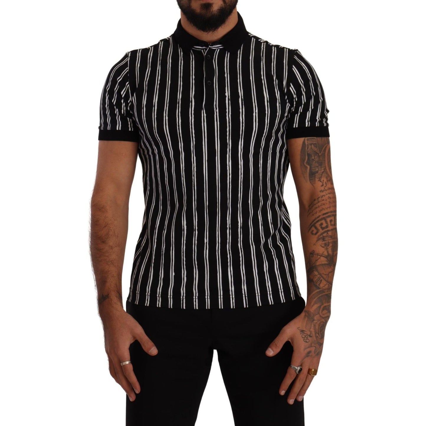 Elegant Striped Polo T-Shirt in Black