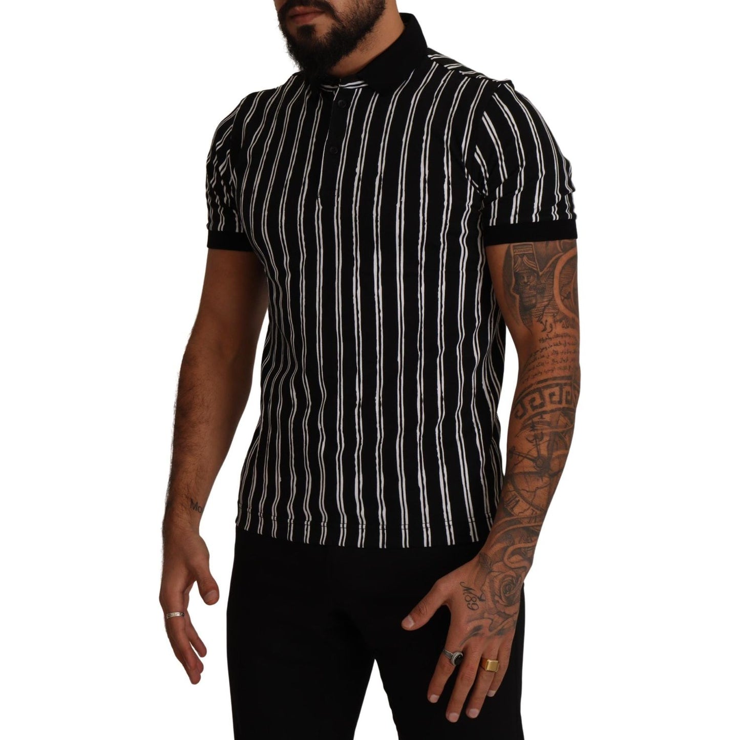 Elegant Striped Polo T-Shirt in Black