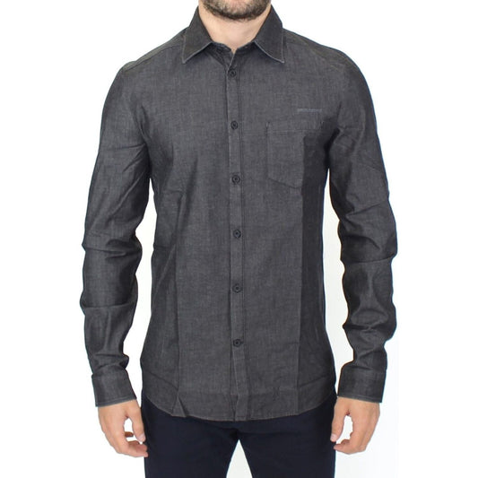 Elegant Gray Stretch Denim Casual Shirt