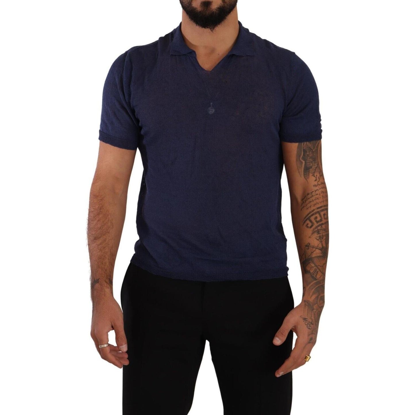 Navy Linen Blend Collared T-Shirt