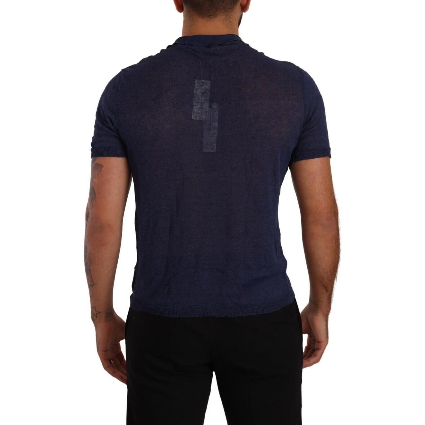 Navy Linen Blend Collared T-Shirt