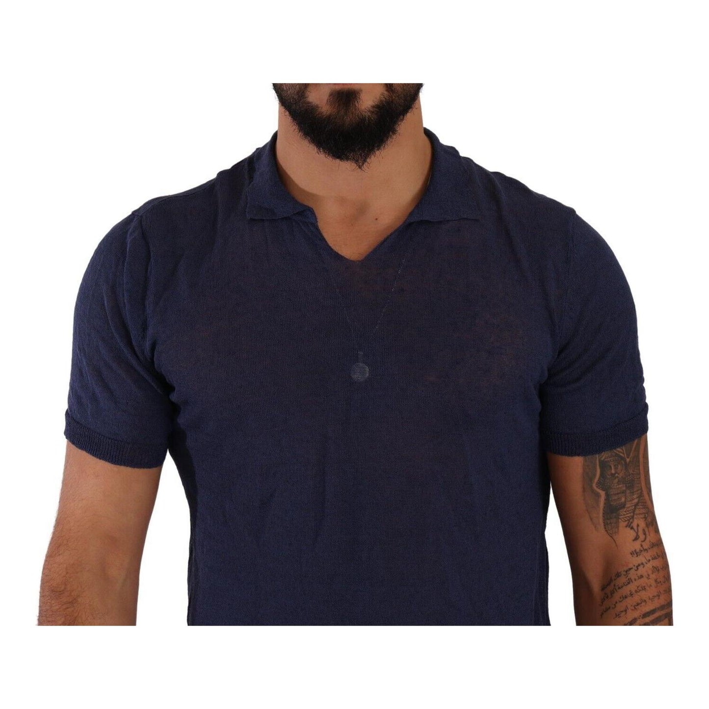 Navy Linen Blend Collared T-Shirt