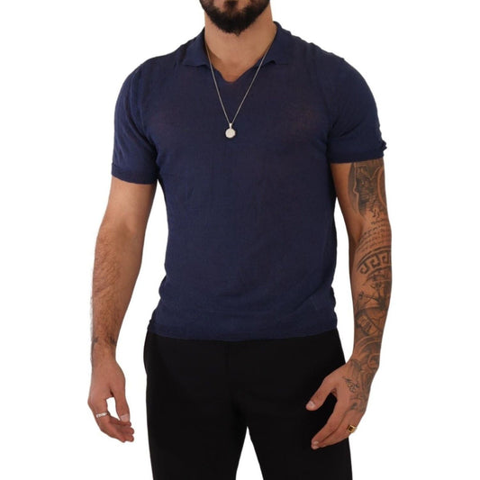 Navy Linen Blend Collared T-Shirt