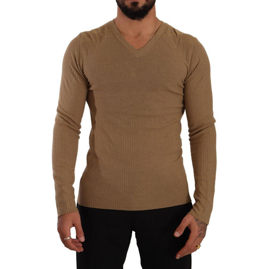 Classic V-Neck Wool Sweater in Brown