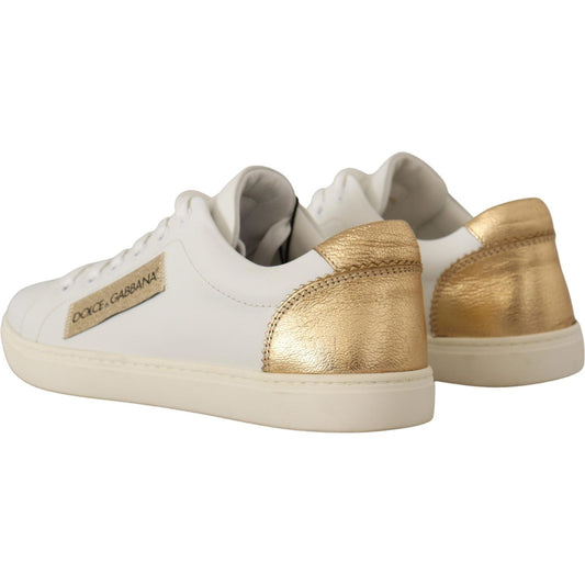 Elegant White Leather Sneakers with Gold Accents