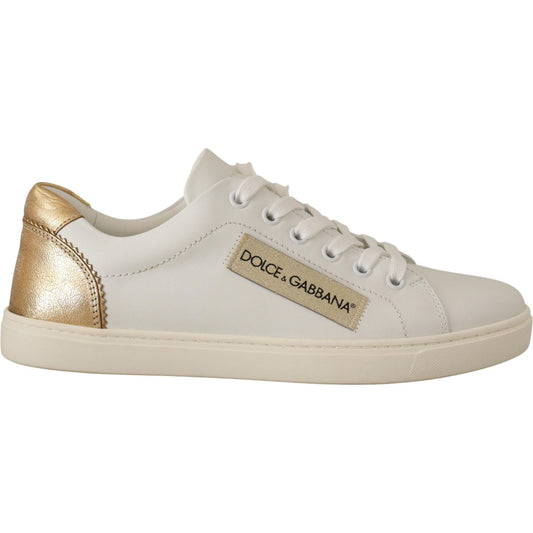 Elegant White Leather Sneakers with Gold Accents