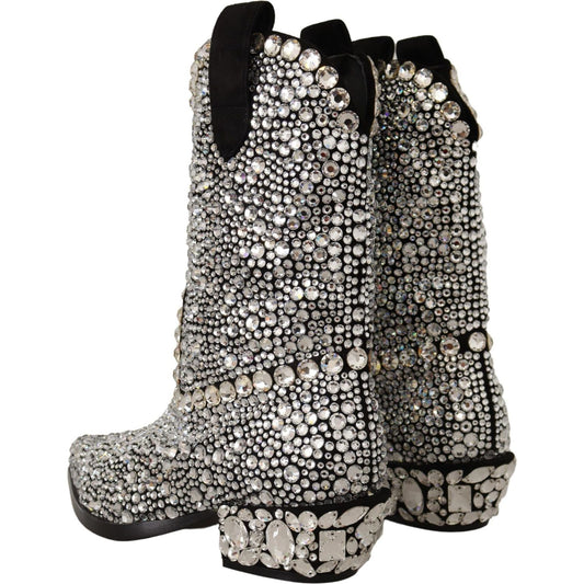 Crystal-Embellished Black Suede Boots