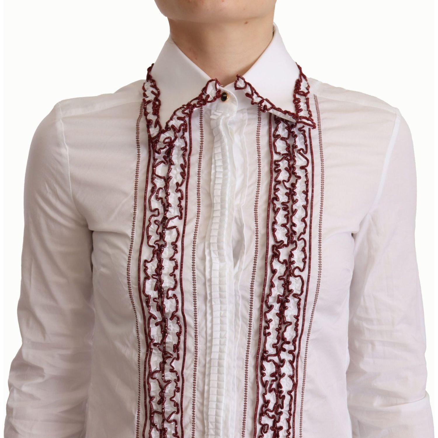 Dolce & Gabbana White Cotton Lace Long Sleeves Ruffle Collar Top Shirt