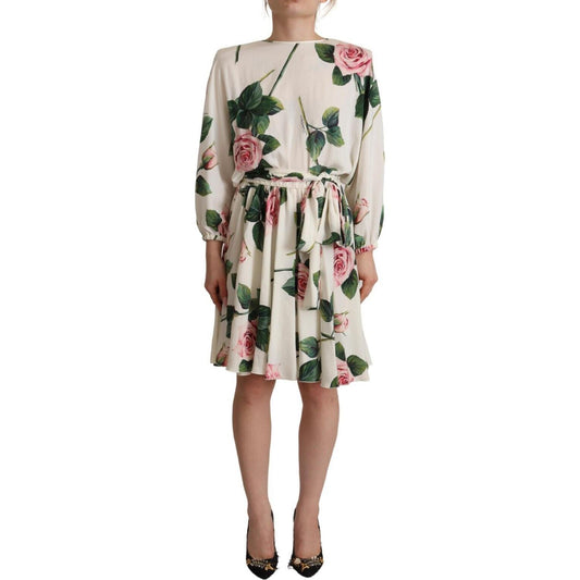 Dolce & Gabbana White Rose Print Long Sleeves A-line Dress Dolce & Gabbana