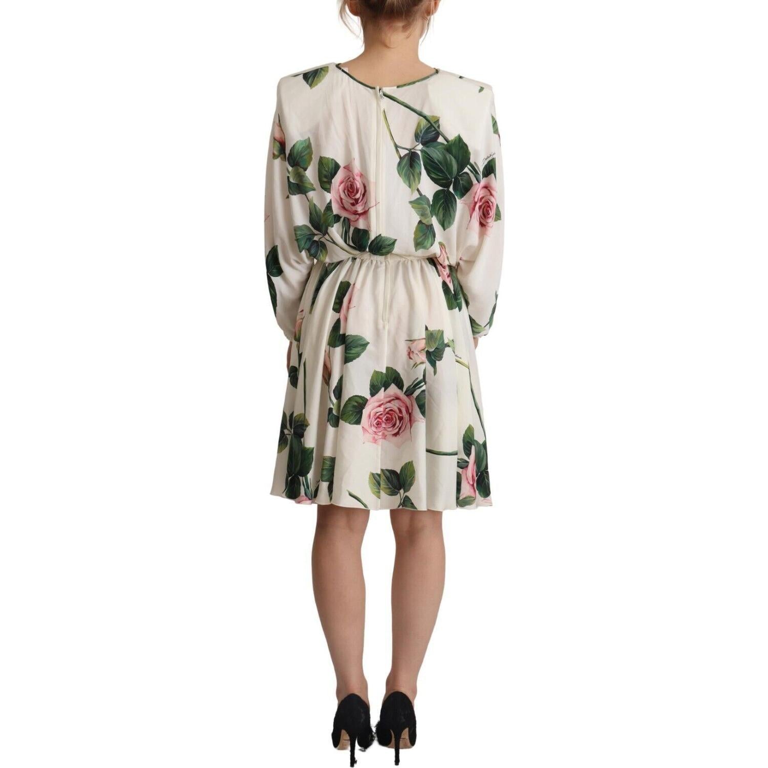 Dolce & Gabbana White Rose Print Long Sleeves A-line Dress