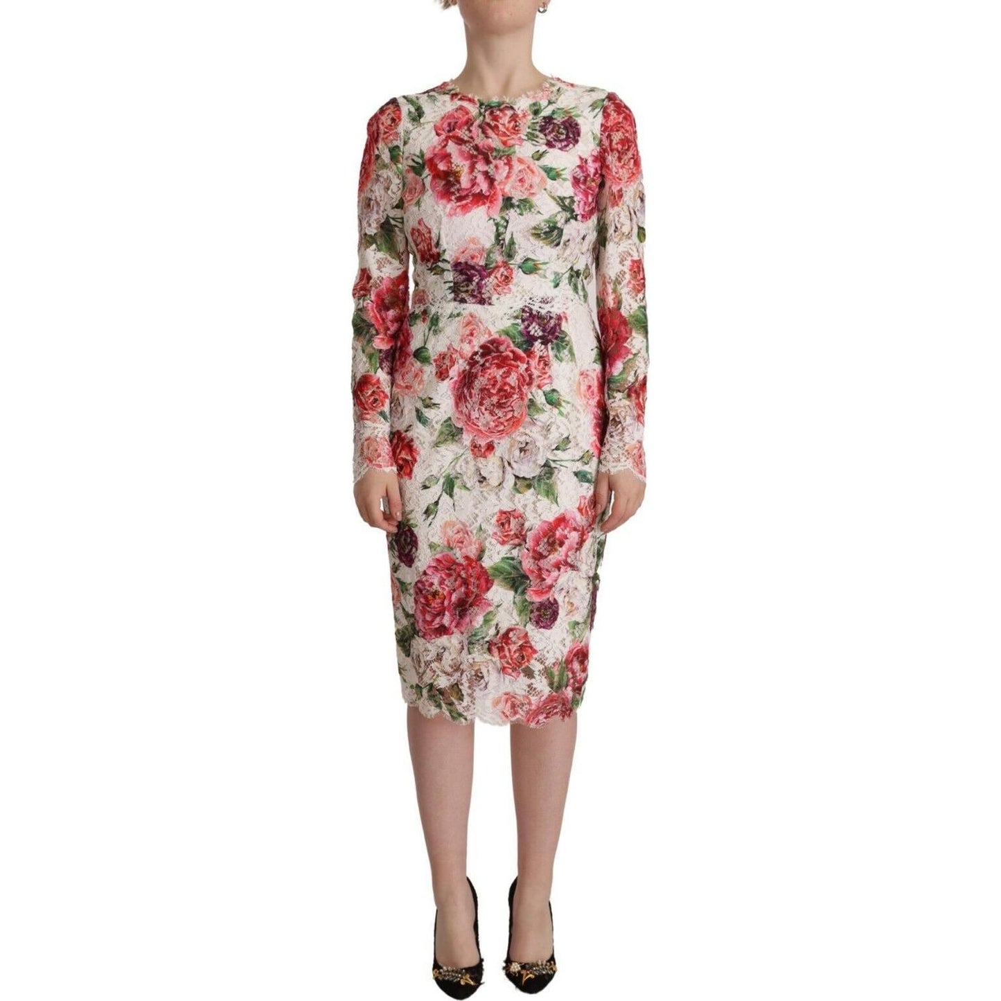 Elegant Sheath Lace Floral Midi Dress