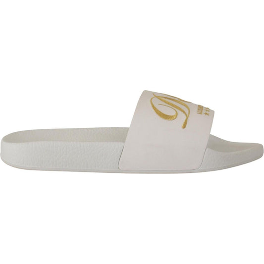 Chic White Leather Slides with Gold Embroidery