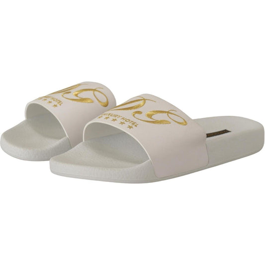 Chic White Leather Slides with Gold Embroidery