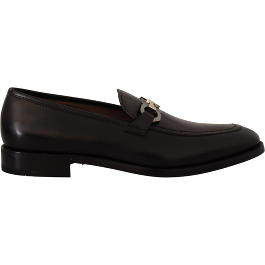 Suave Black Leather Gancio Bit Loafers