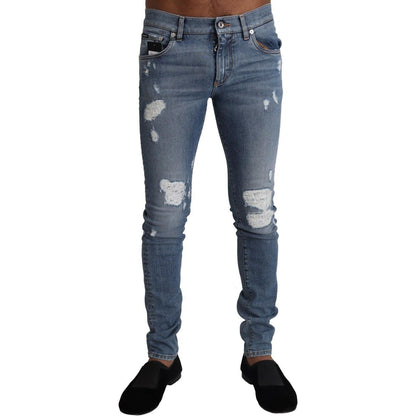 Dolce & Gabbana Light Blue Tattered Cotton Denim Skinny Jeans Dolce & Gabbana