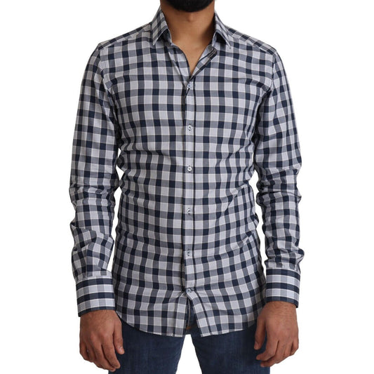 Elegant Blue & White Checkered Slim Fit Dress Shirt