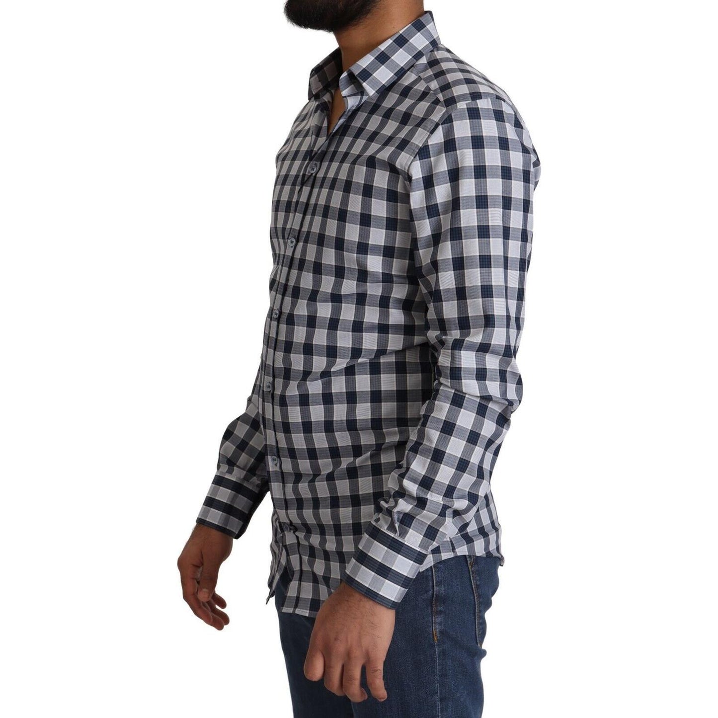 Elegant Blue & White Checkered Slim Fit Dress Shirt