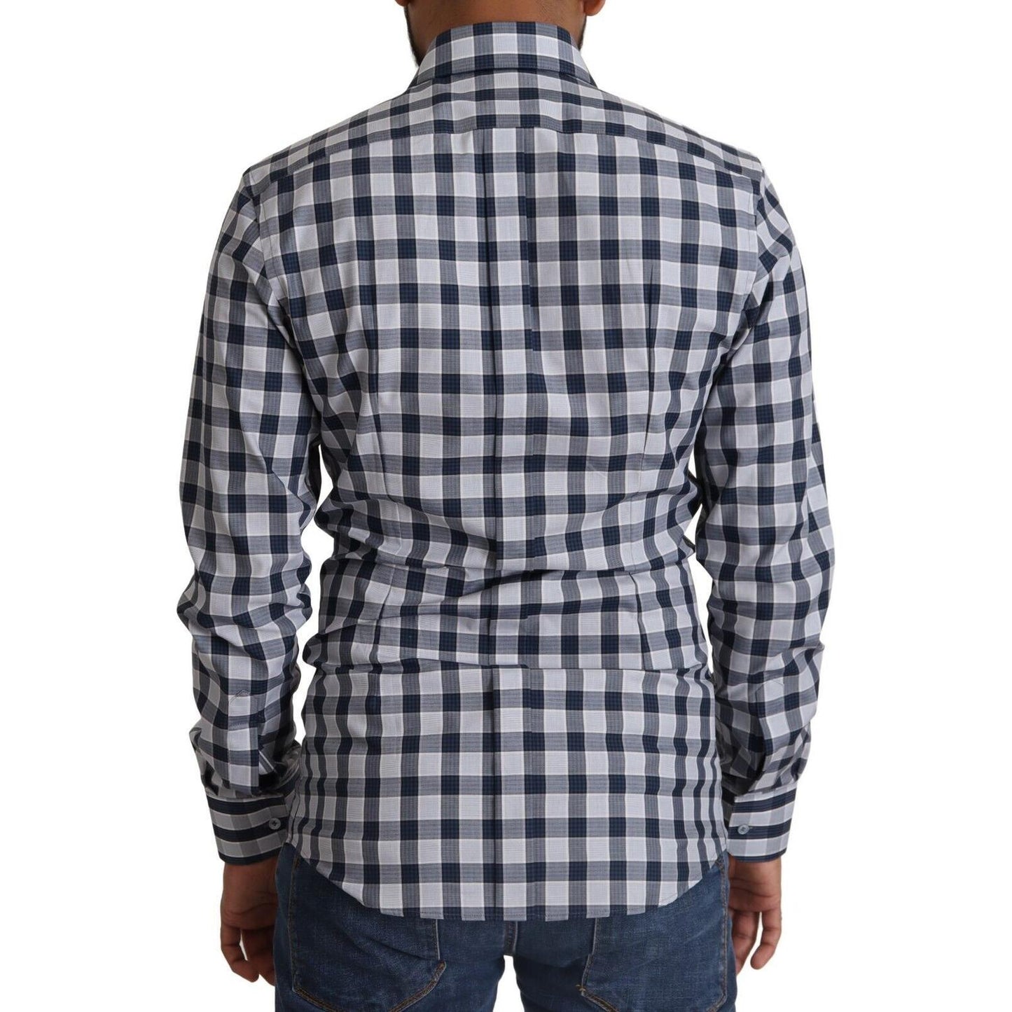 Elegant Blue & White Checkered Slim Fit Dress Shirt