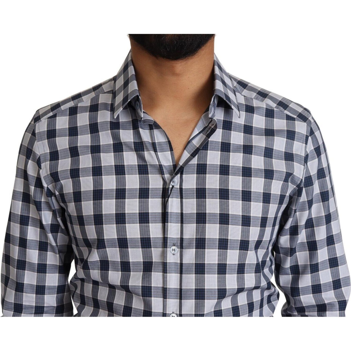 Elegant Blue & White Checkered Slim Fit Dress Shirt