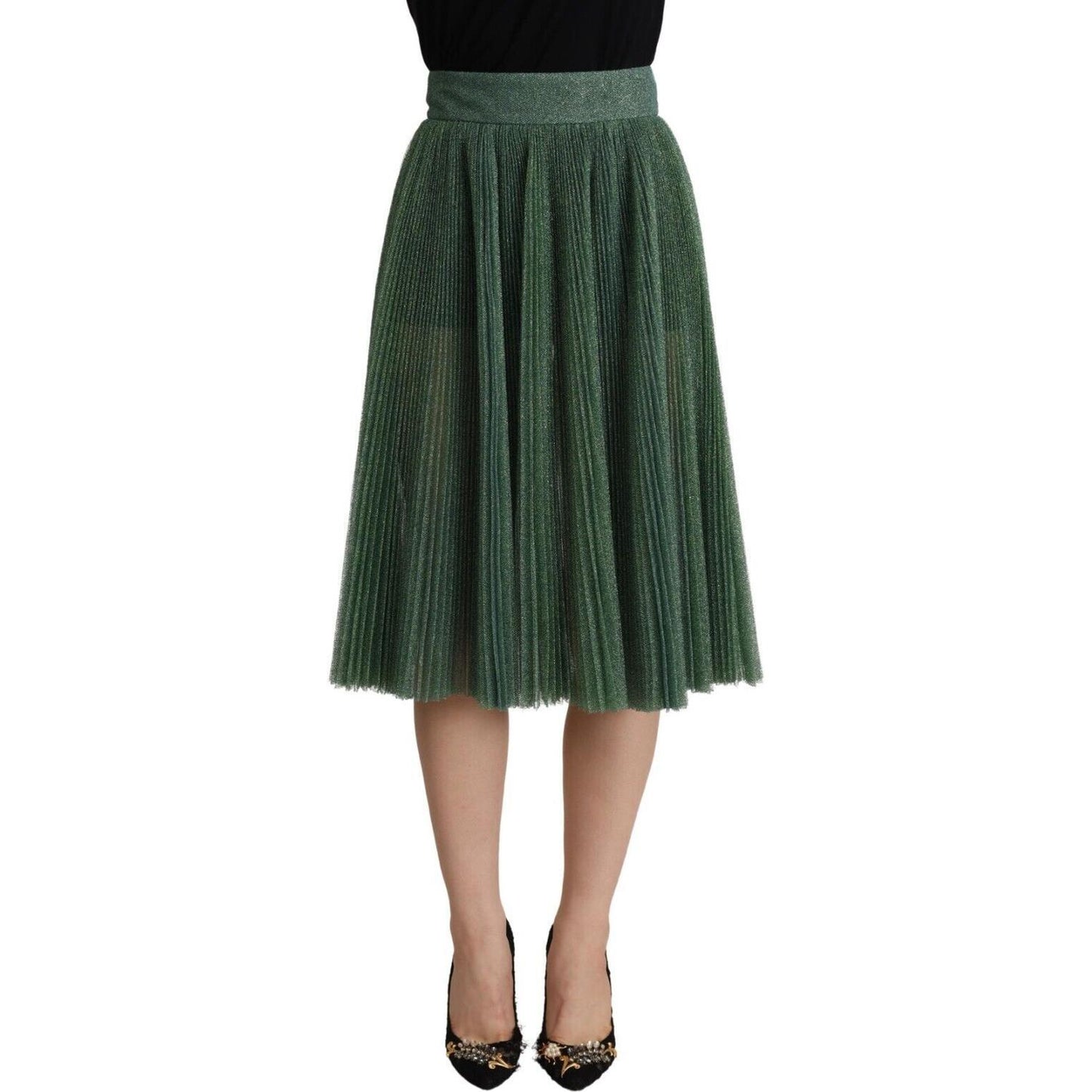 Metallic Green Pleated A-Line Midi Skirt