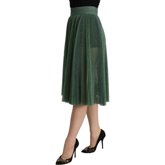 Metallic Green Pleated A-Line Midi Skirt