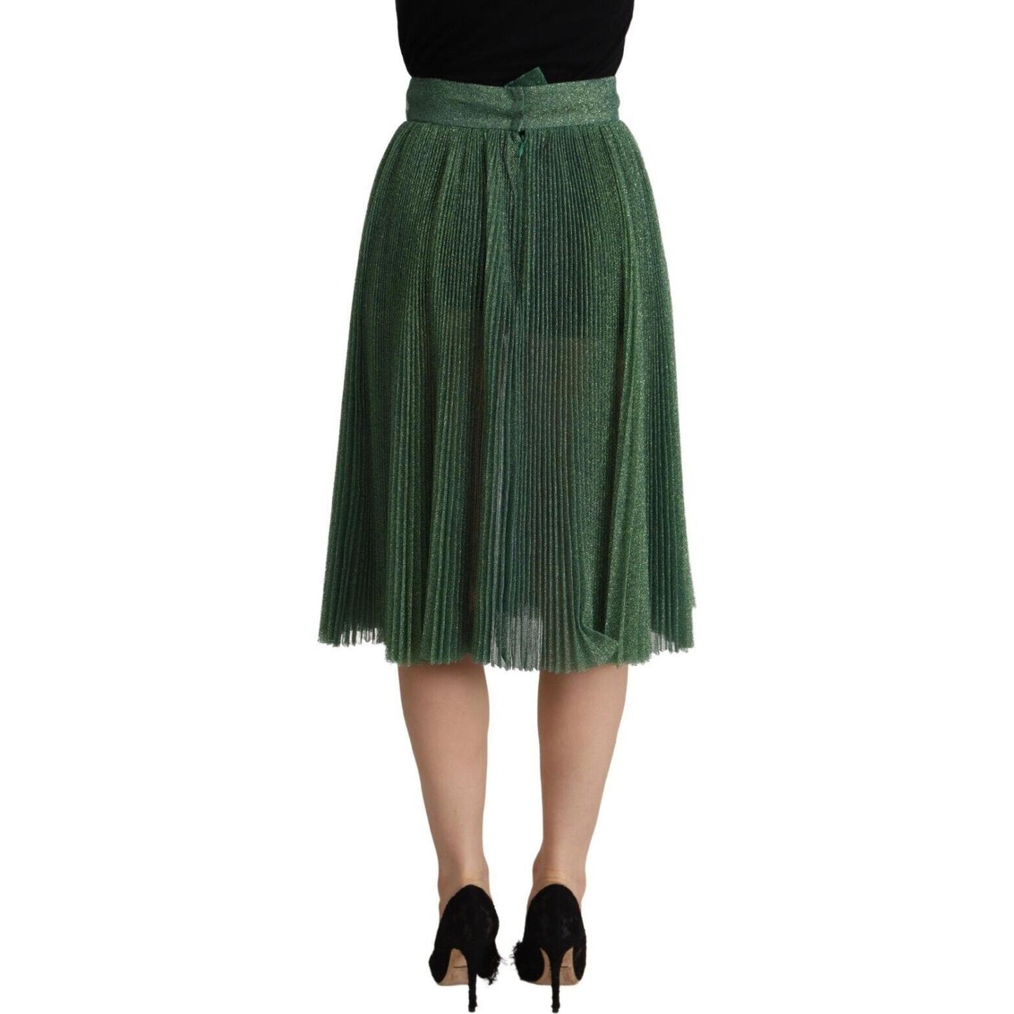 Metallic Green Pleated A-Line Midi Skirt