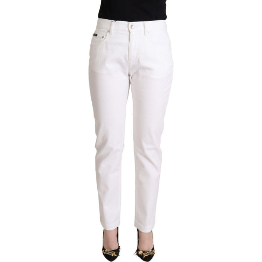 Chic White Tapered Denim Jeans with Logo Patch