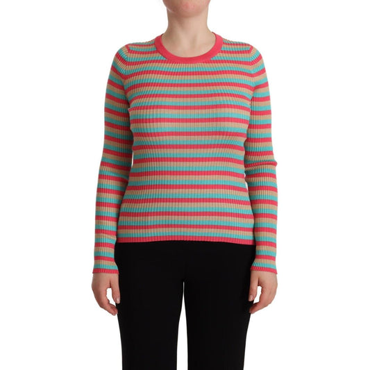 Elegant Striped Silk Crew Neck Pullover