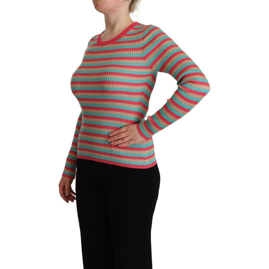 Elegant Striped Silk Crew Neck Pullover