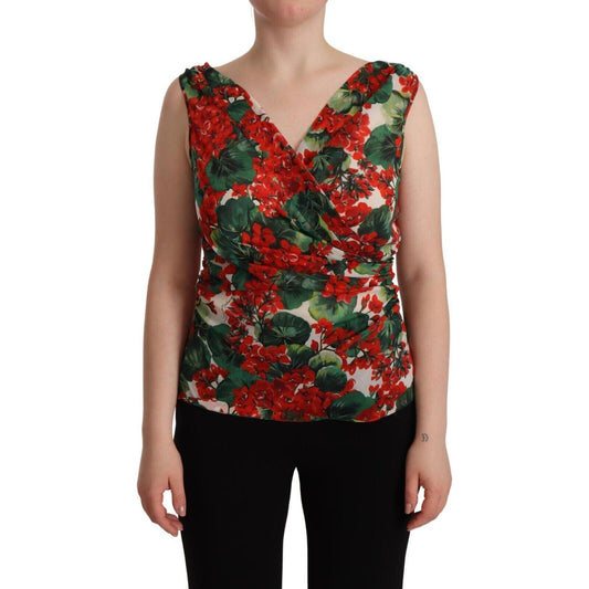 Elegant V-Neck Geranium Print Silk Tank Top